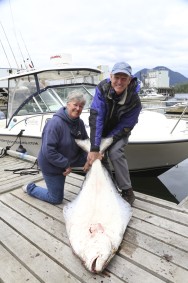 Cleanline's long-time guests Bob and Colleen display a prized halibut of about 60 lbs caught while in Tofino during the first week of June, 2013